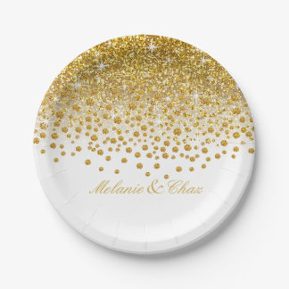 Glitter Confetti Shower | gold white Paper Plate