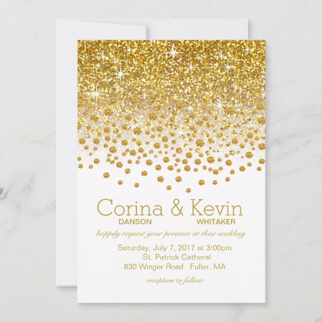 Glitter Confetti Shower Wedding | gold white Invitation (Front)