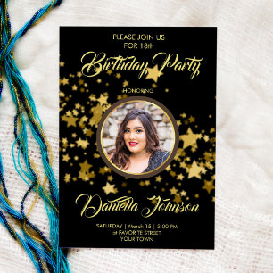 Glitter confetti stars custom photo birthday invitation