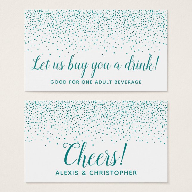 Glitter Confetti Teal Dots Wedding Drink Tickets (Front & Back)