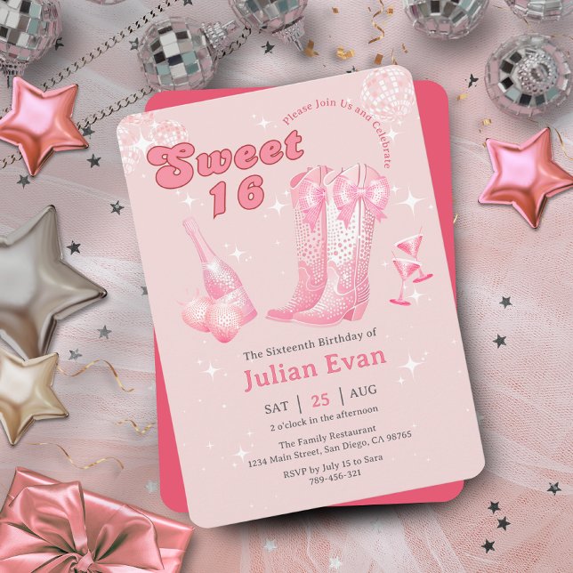 Glitter Cowgirl Pink Bow Boots Sweet 16 Invitation (Glitter Cowgirl Pink Bow Boots Sweet 16 Invitation)