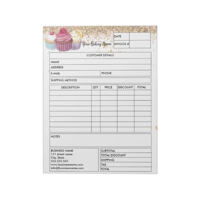 Glitter Cupcake Bakery Sales Form Receipt Invoice Notepad (Rotated)