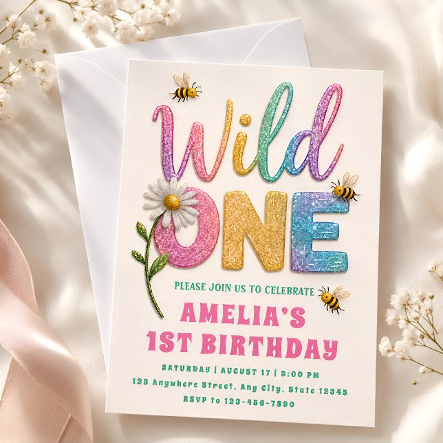 Glitter Daisy Bumble Bee 1st Birthday Party Invite (Creator Uploaded)