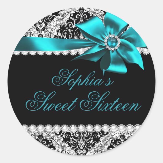 Glitter Damask & Jewel Teal Bow Sweet 16 Sticker (Front)