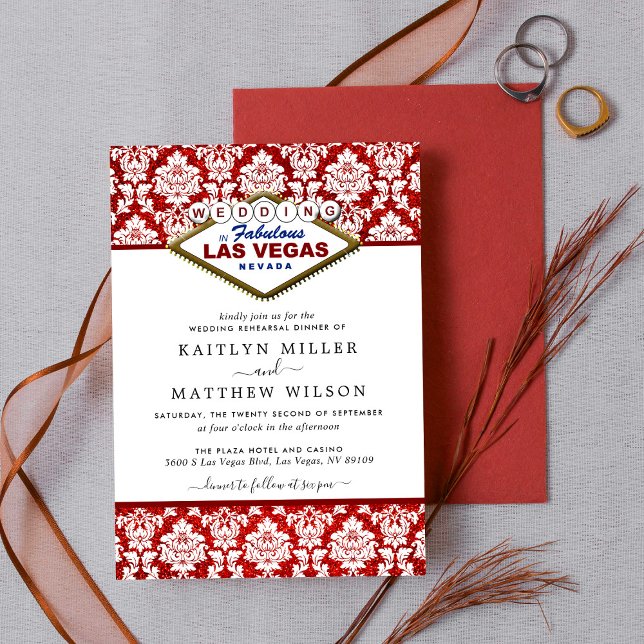 Glitter Damask Las Vegas Wedding Rehearsal Dinner Invitation (Creator Uploaded)