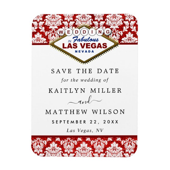 Glitter Damask Las Vegas Wedding Save The Date Magnet (Vertical)