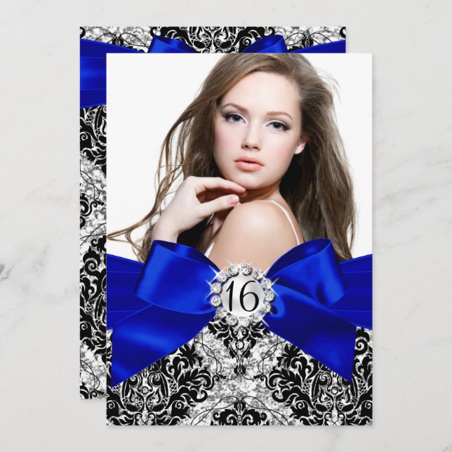 Glitter Damask & Royal Blue Bow Sweet 16 Photo Invitation (Front/Back)