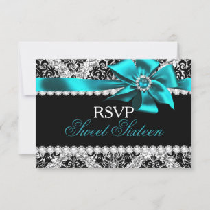 Glitter Damask & Teal Jewel Bow Sweet 16 RSVP