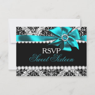 Glitter Damask & Teal Jewel Bow Sweet 16 RSVP Card