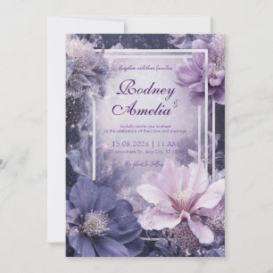 Glitter Dark Floral Mauve Periwinkle Wedding Invitation