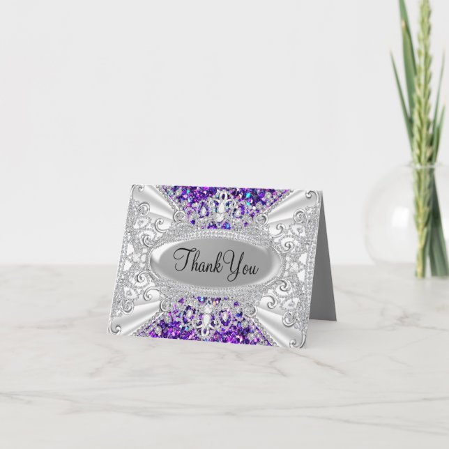 Glitter & Diamond Tiara Purple Thank You Card (Front)