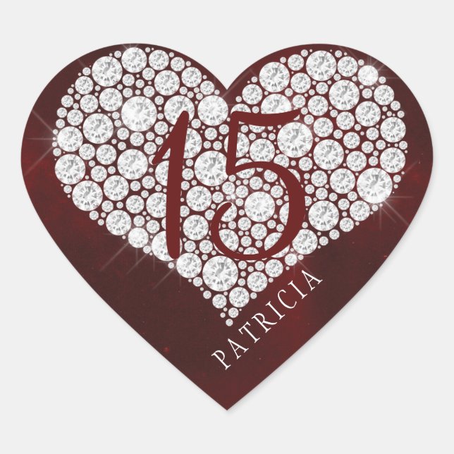 Glitter diamonds heart burgundy quinceanera sticker (Front)