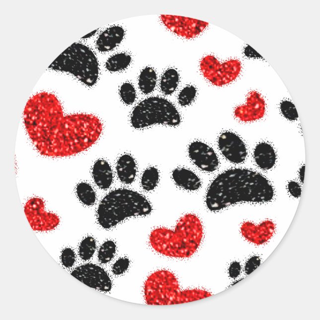 Glitter Dog Paw Prints And Red Hearts Classic Round Sticker (Front)