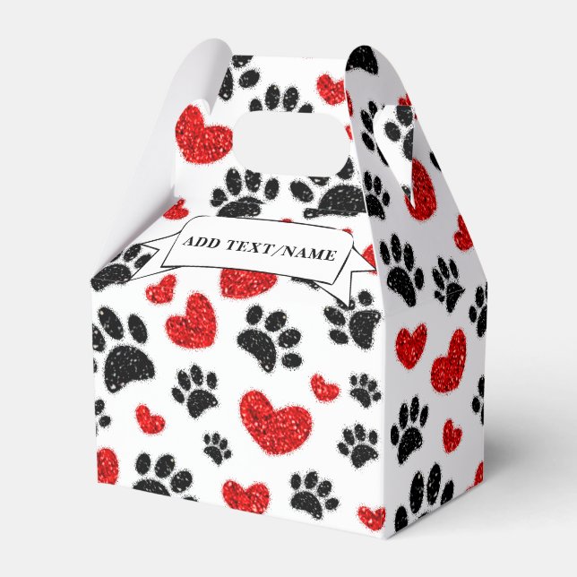 Glitter Dog Paw Prints And Red Hearts Custom Name Favour Box (Front Side)