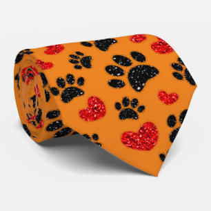 Glitter Dog Paw Prints And Red Hearts Orange Tie