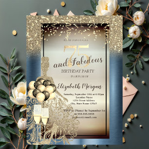 Glitter Dress,Balloons,Blue Metallic 75th Birthday Invitation