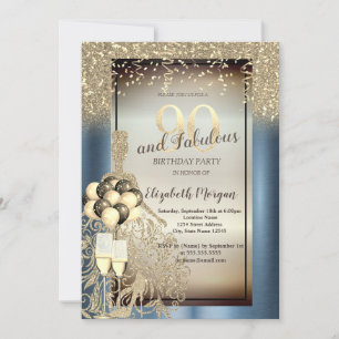 Glitter Dress,Balloons,Blue Metallic 90th Birthday Invitation