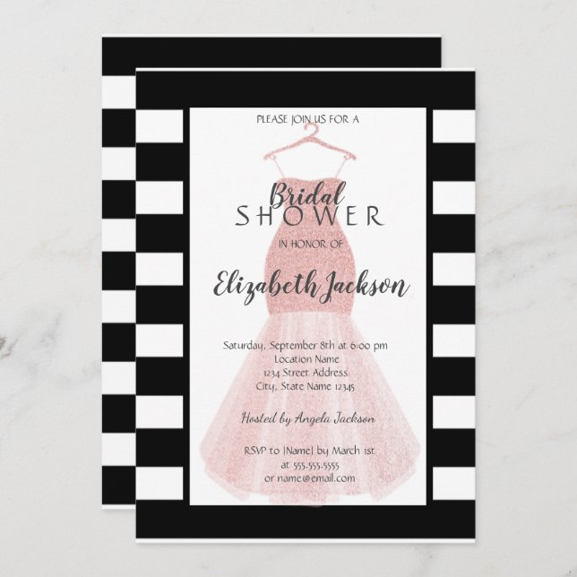 Glitter Dress Black White Stripes Bridal Shower Invitation (Front/Back)