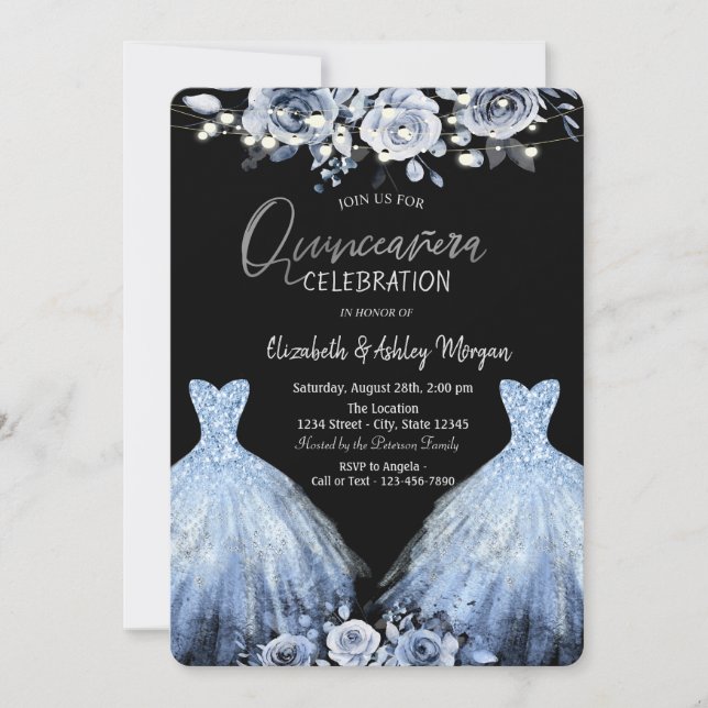 Glitter Dress Blue Flowers  Invitation (Front)