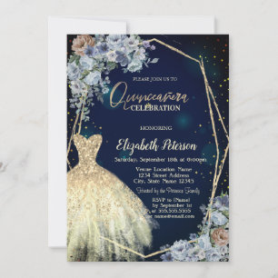 Glitter Dress, Blue Flowers Quinceanera Invitation