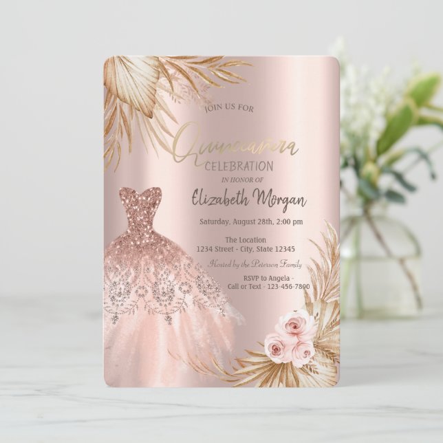 Glitter Dress Boho Pampas Flowers Quinceañera  Invitation (Standing Front)