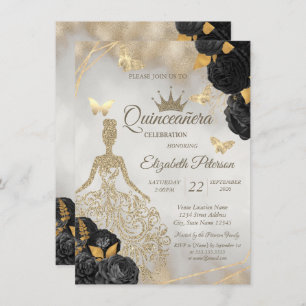 Glitter Dress,Butterfly Black Roses Quinceañera Invitation