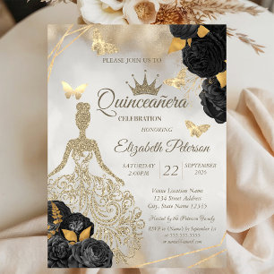 Glitter Dress,Butterfly Black Roses Quinceañera Invitation