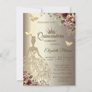 Glitter Dress,Butterfly Floral Gold Quinceañera  Invitation