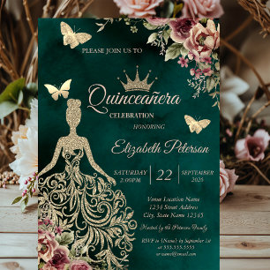 Glitter Dress,Butterfly Floral Green Quinceañera Invitation