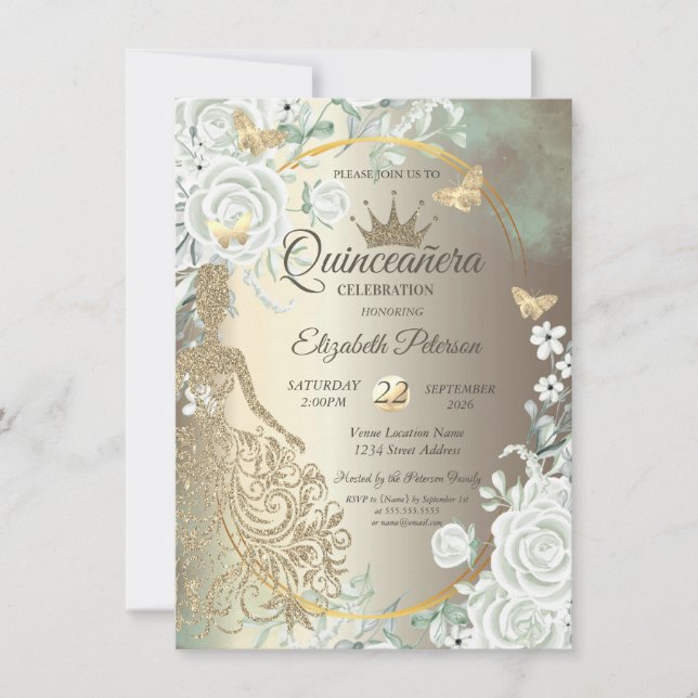 Glitter Dress,Butterfly Green Roses Quinceañera Invitation (Front)