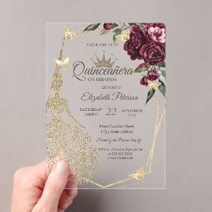 Glitter Dress,Butterfly Roses Burgundy Quinceañera Acrylic Invitations