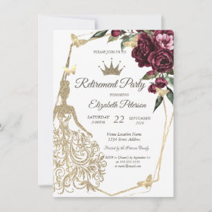 Glitter Dress,Butterfly Roses Burgundy Retirement  Invitation