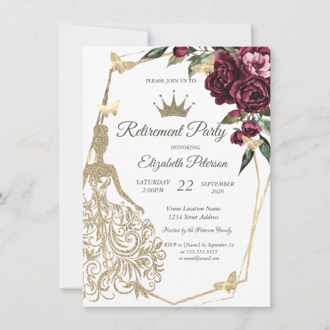Glitter Dress,Butterfly Roses Burgundy Retirement  Invitation (Front)