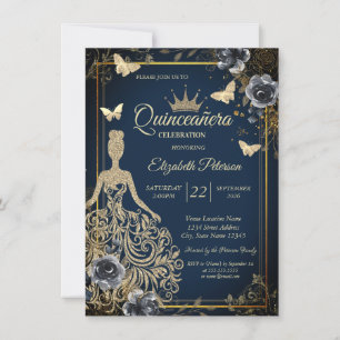 Glitter Dress,Butterfly Roses Navy BlueQuinceañera Invitation