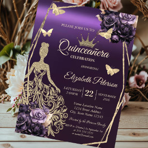 Glitter Dress,Butterfly Violet Roses Quinceañera Invitation