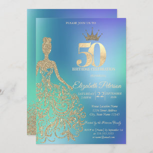 Glitter Dress, Diamonds Blue Ombre 50th Birthday Invitation