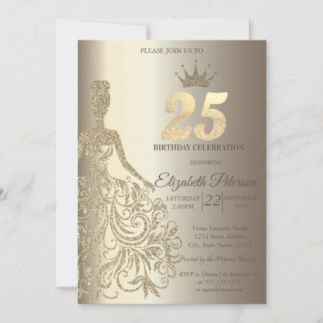Glitter Dress, Diamonds Champagne 25th Birthday Invitation (Front)