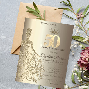 Glitter Dress, Diamonds Champagne 50th Birthday Invitation