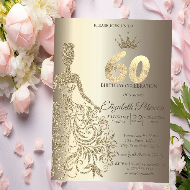 Glitter Dress, Diamonds Champagne 60th Birthday Invitation (Creator Uploaded)