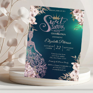 Glitter Dress,Diamonds Flowers Green Sweet 16  Invitation