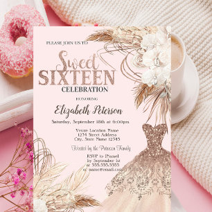 Glitter Dress,Pampas Grass,Boho Flowers Sweet 16   Invitation