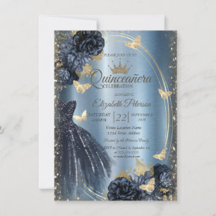 Glitter Dress,Roses,Butterflies Blue Metallic Invitation