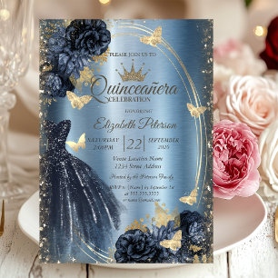 Glitter Dress,Roses,Butterflies Blue Metallic Invitation