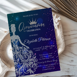 Glitter Dress,Tiara,Blue Stars Quinceañera Invitation