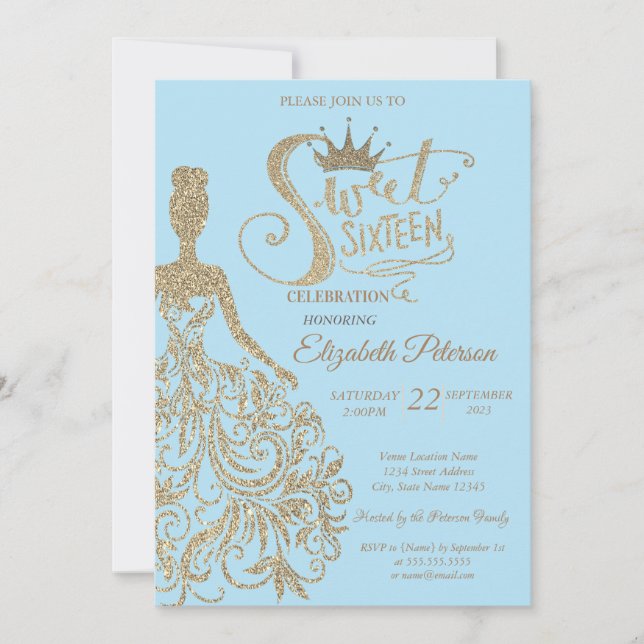 Glitter Dress,Tiara, Diamonds Light Blue Sweet 16 Invitation (Front)