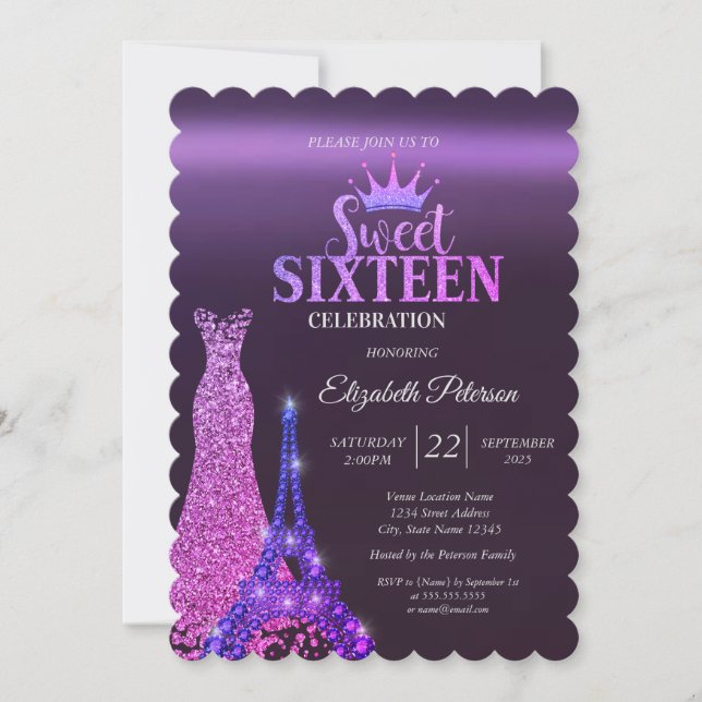 Glitter Dress,Tiara,Eiffel Tower Purple Sweet 16 Invitation (Front)