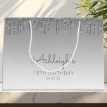 Glitter Drip 18th Birthday Silver Large Gift Bag<br><div class="desc">This chic 18th birthday party gift bag features a sparkly silver faux glitter drip border and silver ombre background. Personalise it with her name in handwriting script,  along with her birthday and date below.</div>