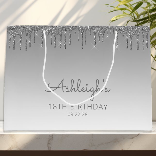 Glitter Drip 18th Birthday Silver Large Gift Bag (Creator Uploaded)