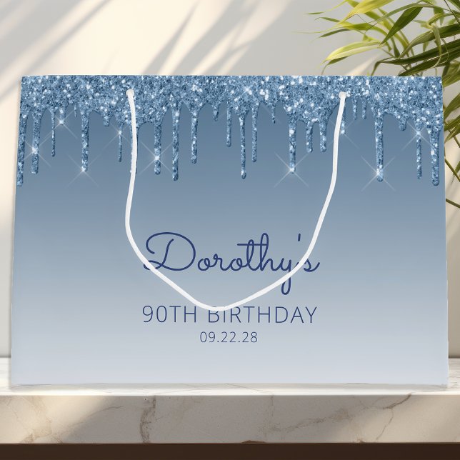 Glitter Drip 90th Birthday Blue Large Gift Bag (Creator Uploaded)