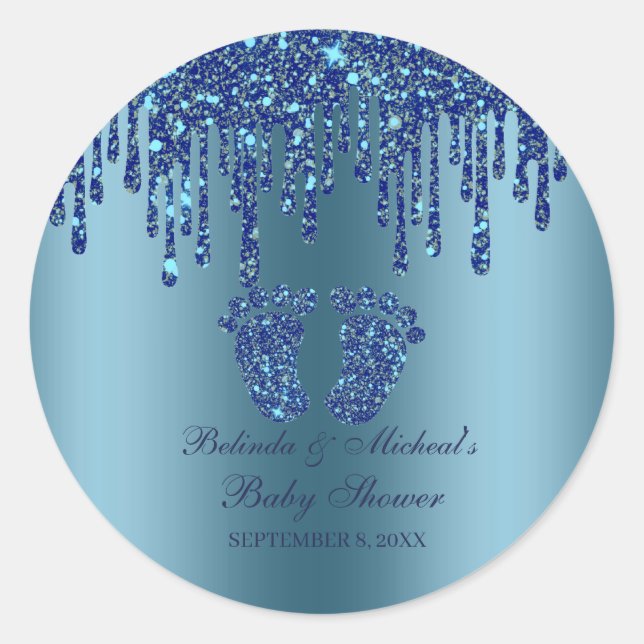 Glitter Drip Blue Baby Feet Baby Shower Classic Ro Classic Round Sticker (Front)